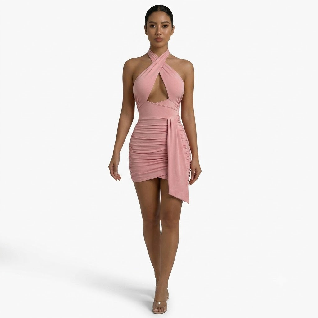 Mini-robe ruchée dos nu pour femme