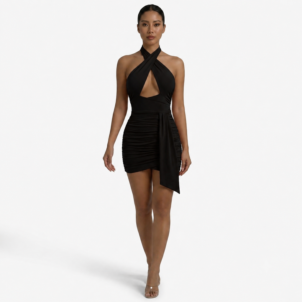 Mini-robe ruchée dos nu pour femme